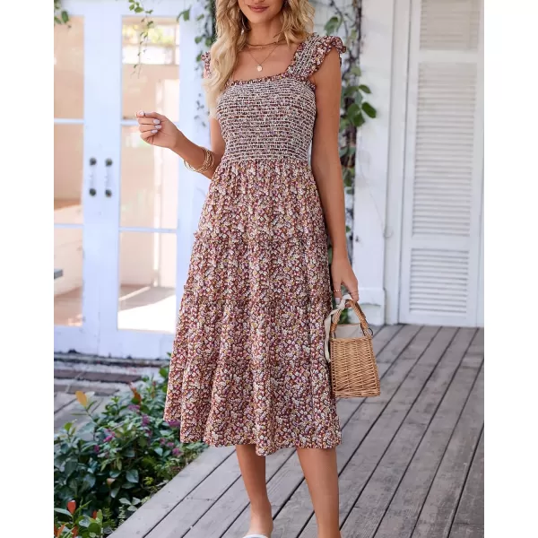 imageBTFBM Womens Summer Boho Smocked Beach Dresses Sleeveless Shoulder Strap Floral Flowy Tiered Party Midi Casual SundressFloral Brown