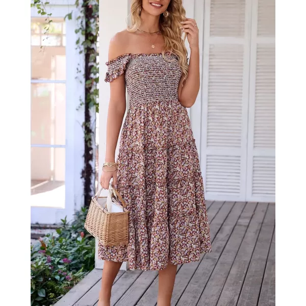 imageBTFBM Womens Summer Boho Smocked Beach Dresses Sleeveless Shoulder Strap Floral Flowy Tiered Party Midi Casual SundressFloral Brown