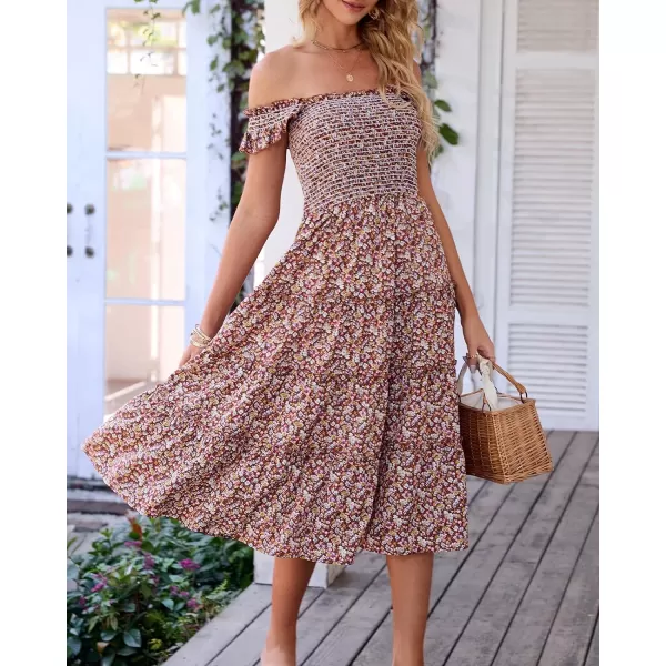 imageBTFBM Womens Summer Boho Smocked Beach Dresses Sleeveless Shoulder Strap Floral Flowy Tiered Party Midi Casual SundressFloral Brown