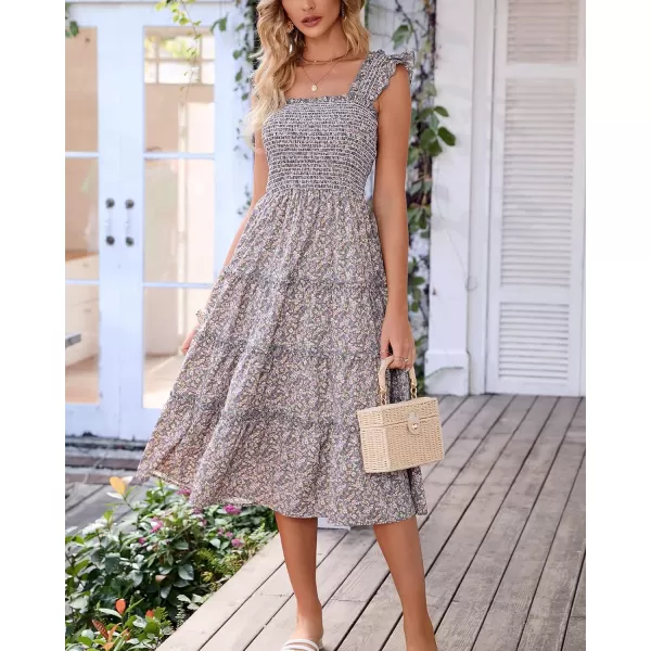 imageBTFBM Womens Summer Boho Smocked Beach Dresses Sleeveless Shoulder Strap Floral Flowy Tiered Party Midi Casual SundressFloral Green