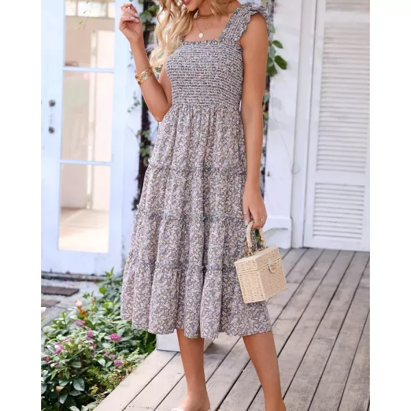 imageBTFBM Womens Summer Boho Smocked Beach Dresses Sleeveless Shoulder Strap Floral Flowy Tiered Party Midi Casual SundressFloral Green