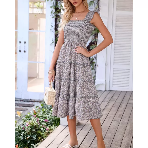imageBTFBM Womens Summer Boho Smocked Beach Dresses Sleeveless Shoulder Strap Floral Flowy Tiered Party Midi Casual SundressFloral Green