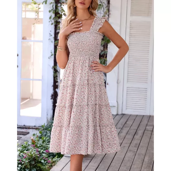imageBTFBM Womens Summer Boho Smocked Beach Dresses Sleeveless Shoulder Strap Floral Flowy Tiered Party Midi Casual SundressFloral White