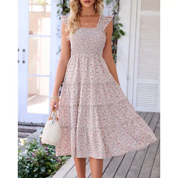 imageBTFBM Womens Summer Boho Smocked Beach Dresses Sleeveless Shoulder Strap Floral Flowy Tiered Party Midi Casual SundressFloral White