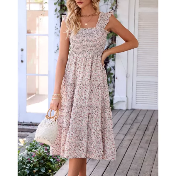 imageBTFBM Womens Summer Boho Smocked Beach Dresses Sleeveless Shoulder Strap Floral Flowy Tiered Party Midi Casual SundressFloral White