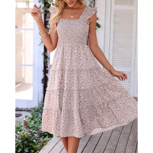 imageBTFBM Womens Summer Boho Smocked Beach Dresses Sleeveless Shoulder Strap Floral Flowy Tiered Party Midi Casual SundressFloral White
