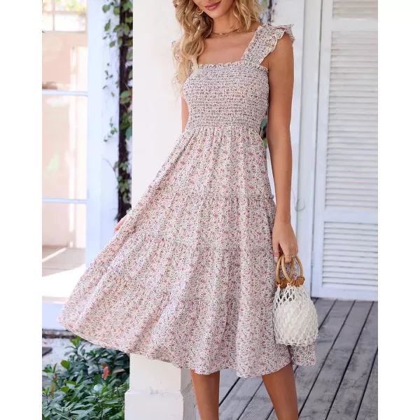 imageBTFBM Womens Summer Boho Smocked Beach Dresses Sleeveless Shoulder Strap Floral Flowy Tiered Party Midi Casual SundressFloral White