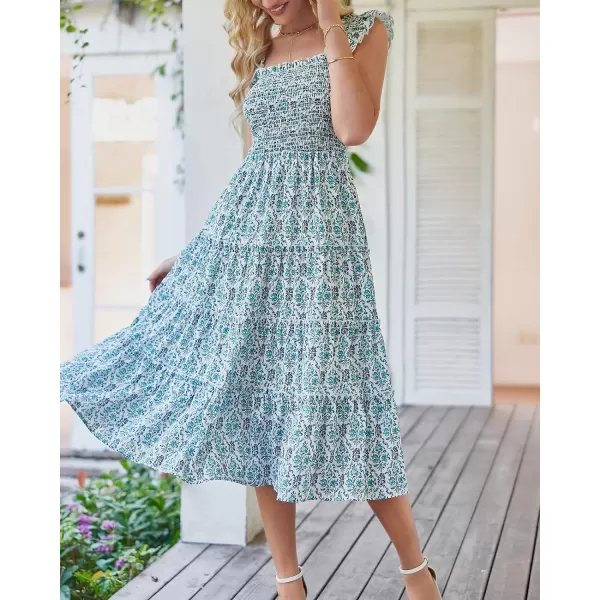 imageBTFBM Womens Summer Boho Smocked Beach Dresses Sleeveless Shoulder Strap Floral Flowy Tiered Party Midi Casual SundressPrint Dark Green