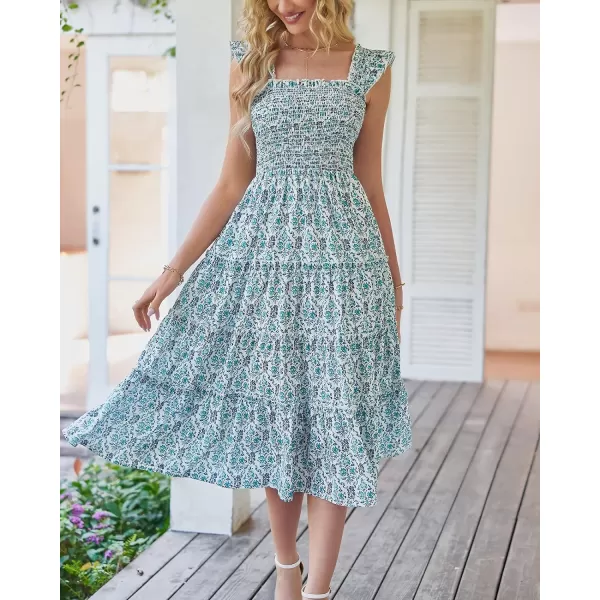 imageBTFBM Womens Summer Boho Smocked Beach Dresses Sleeveless Shoulder Strap Floral Flowy Tiered Party Midi Casual SundressPrint Dark Green