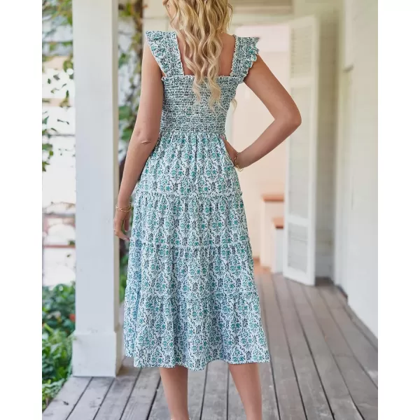 imageBTFBM Womens Summer Boho Smocked Beach Dresses Sleeveless Shoulder Strap Floral Flowy Tiered Party Midi Casual SundressPrint Dark Green