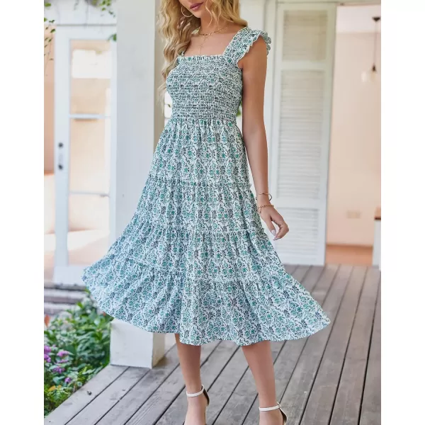 imageBTFBM Womens Summer Boho Smocked Beach Dresses Sleeveless Shoulder Strap Floral Flowy Tiered Party Midi Casual SundressPrint Dark Green