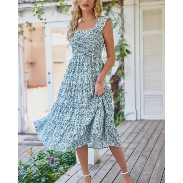 imageBTFBM Womens Summer Boho Smocked Beach Dresses Sleeveless Shoulder Strap Floral Flowy Tiered Party Midi Casual SundressPrint Dark Green