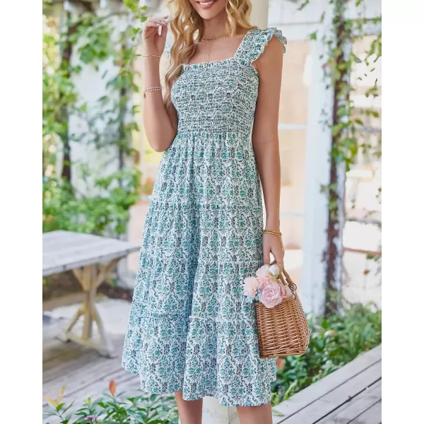 imageBTFBM Womens Summer Boho Smocked Beach Dresses Sleeveless Shoulder Strap Floral Flowy Tiered Party Midi Casual SundressPrint Dark Green