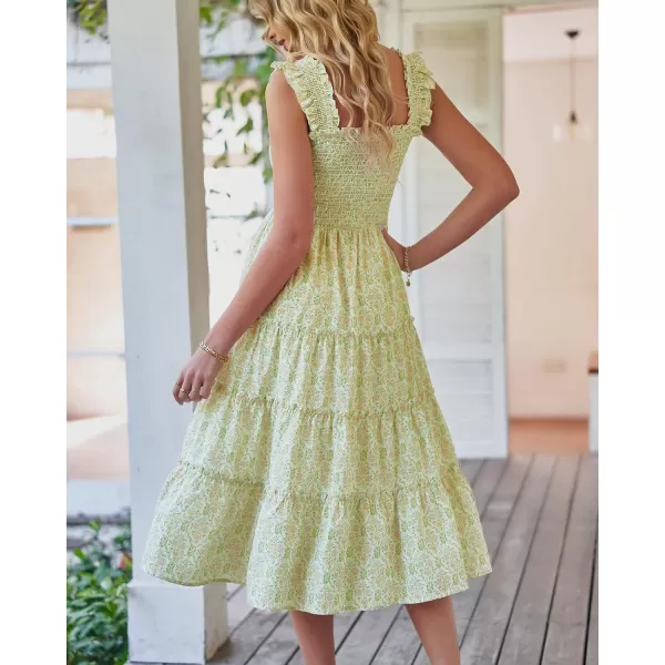 imageBTFBM Womens Summer Boho Smocked Beach Dresses Sleeveless Shoulder Strap Floral Flowy Tiered Party Midi Casual SundressPrint Grass Green