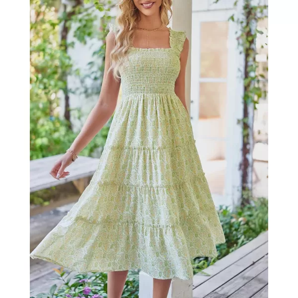 imageBTFBM Womens Summer Boho Smocked Beach Dresses Sleeveless Shoulder Strap Floral Flowy Tiered Party Midi Casual SundressPrint Grass Green