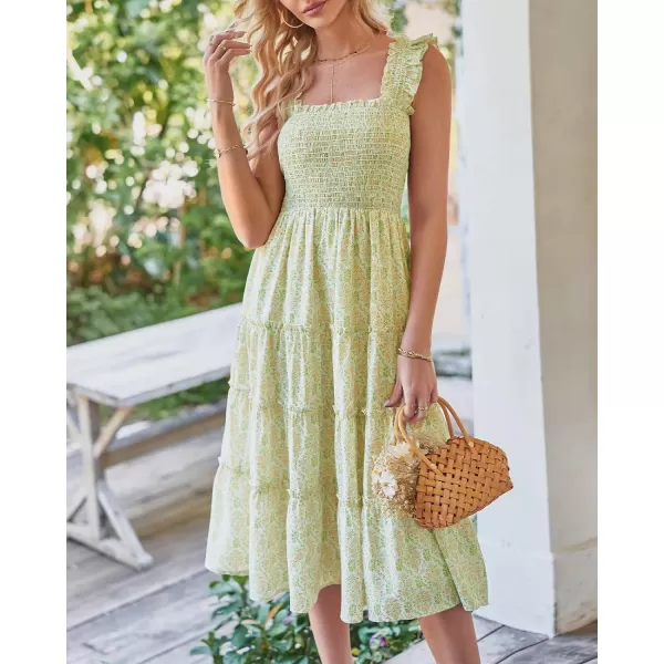 imageBTFBM Womens Summer Boho Smocked Beach Dresses Sleeveless Shoulder Strap Floral Flowy Tiered Party Midi Casual SundressPrint Grass Green