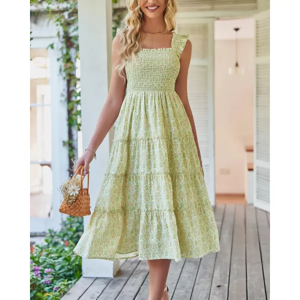 imageBTFBM Womens Summer Boho Smocked Beach Dresses Sleeveless Shoulder Strap Floral Flowy Tiered Party Midi Casual SundressPrint Grass Green