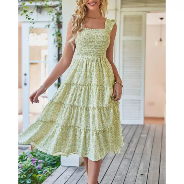 imageBTFBM Womens Summer Boho Smocked Beach Dresses Sleeveless Shoulder Strap Floral Flowy Tiered Party Midi Casual SundressPrint Grass Green