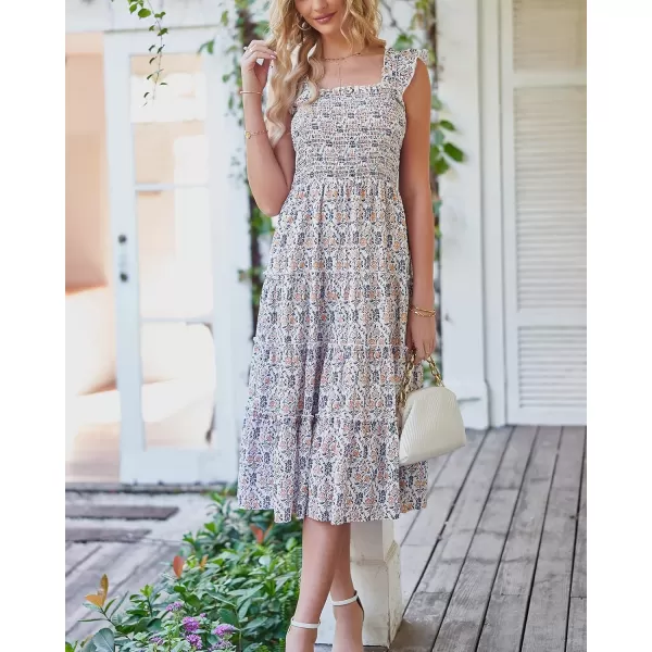 imageBTFBM Womens Summer Boho Smocked Beach Dresses Sleeveless Shoulder Strap Floral Flowy Tiered Party Midi Casual SundressPrint Purple