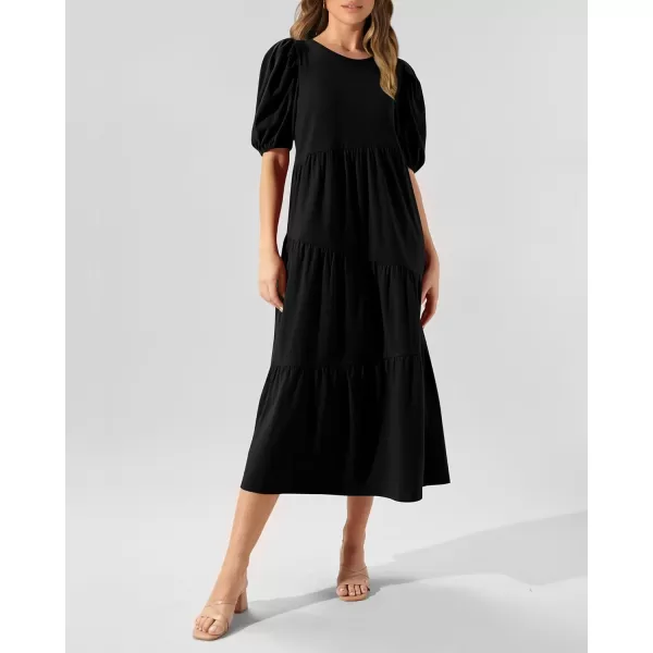imageBTFBM Womens Summer Casual Puff Short Sleeve Crew Neck Swing Dress Tiered Flowy Beach Midi Dresses with PocketsSolid Black