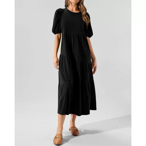 imageBTFBM Womens Summer Casual Puff Short Sleeve Crew Neck Swing Dress Tiered Flowy Beach Midi Dresses with PocketsSolid Black