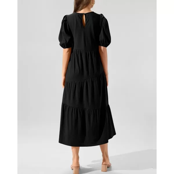 imageBTFBM Womens Summer Casual Puff Short Sleeve Crew Neck Swing Dress Tiered Flowy Beach Midi Dresses with PocketsSolid Black