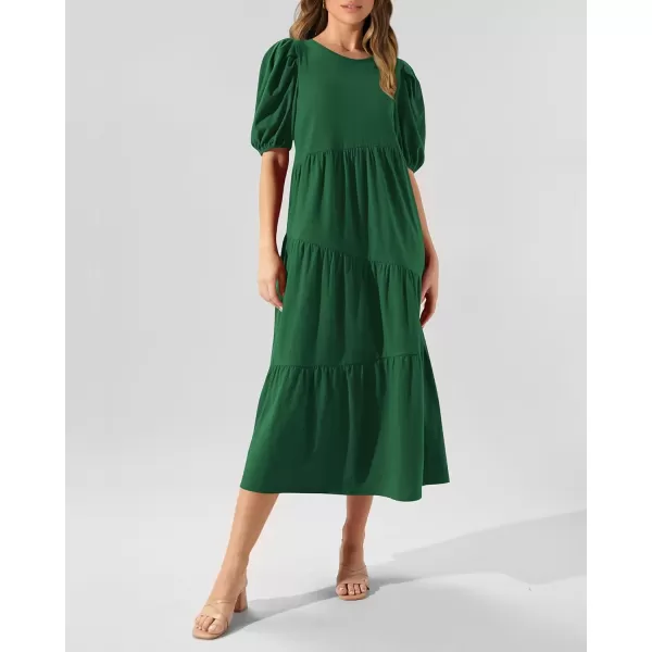 imageBTFBM Womens Summer Casual Puff Short Sleeve Crew Neck Swing Dress Tiered Flowy Beach Midi Dresses with PocketsSolid Dark Green