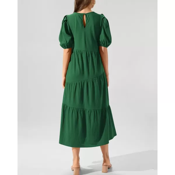 imageBTFBM Womens Summer Casual Puff Short Sleeve Crew Neck Swing Dress Tiered Flowy Beach Midi Dresses with PocketsSolid Dark Green