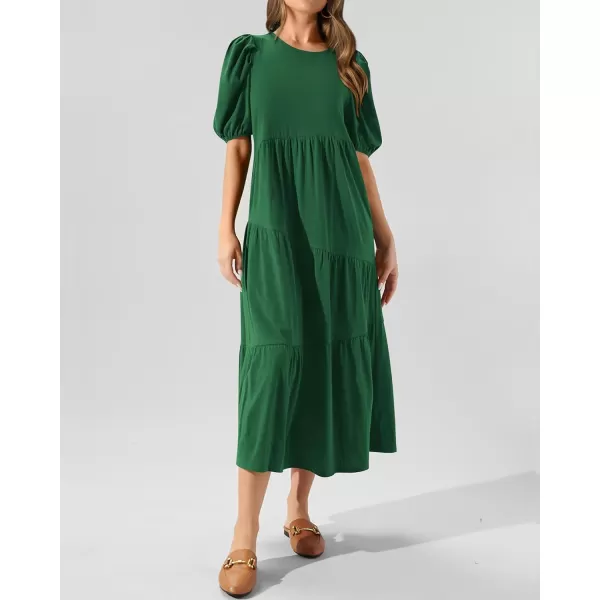 imageBTFBM Womens Summer Casual Puff Short Sleeve Crew Neck Swing Dress Tiered Flowy Beach Midi Dresses with PocketsSolid Dark Green