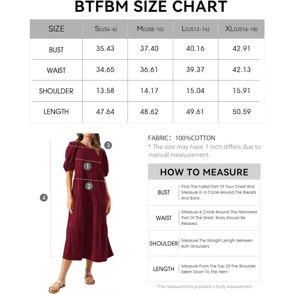 imageBTFBM Womens Summer Casual Puff Short Sleeve Crew Neck Swing Dress Tiered Flowy Beach Midi Dresses with PocketsSolid Dark Red