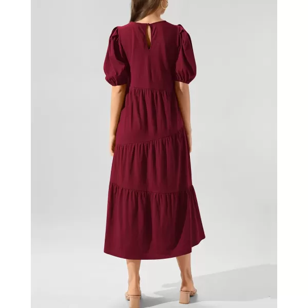 imageBTFBM Womens Summer Casual Puff Short Sleeve Crew Neck Swing Dress Tiered Flowy Beach Midi Dresses with PocketsSolid Dark Red
