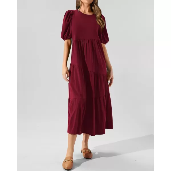 imageBTFBM Womens Summer Casual Puff Short Sleeve Crew Neck Swing Dress Tiered Flowy Beach Midi Dresses with PocketsSolid Dark Red