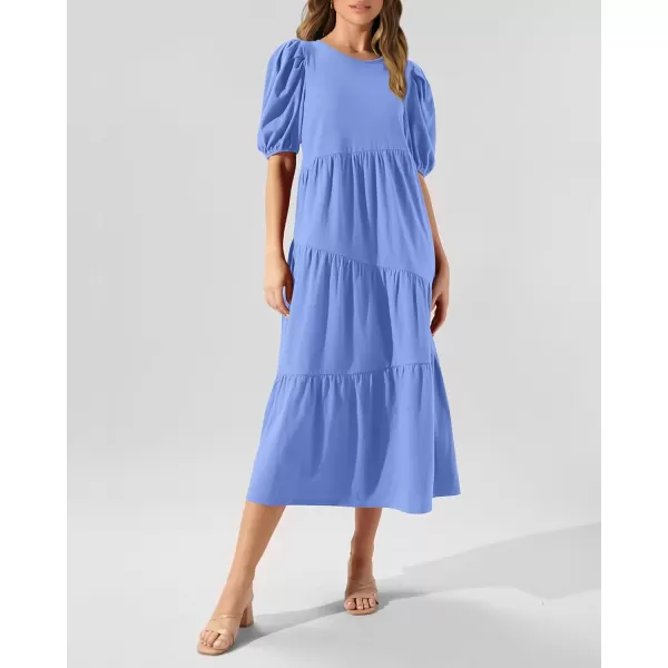imageBTFBM Womens Summer Casual Puff Short Sleeve Crew Neck Swing Dress Tiered Flowy Beach Midi Dresses with PocketsSolid Light Blue