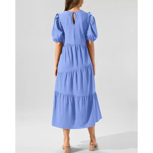 imageBTFBM Womens Summer Casual Puff Short Sleeve Crew Neck Swing Dress Tiered Flowy Beach Midi Dresses with PocketsSolid Light Blue