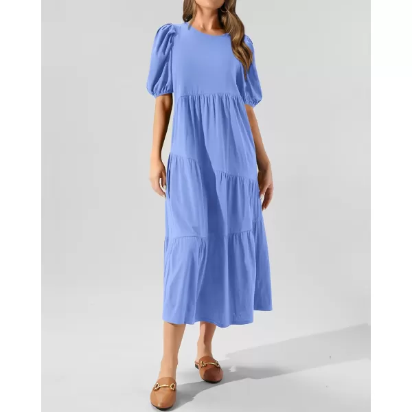 imageBTFBM Womens Summer Casual Puff Short Sleeve Crew Neck Swing Dress Tiered Flowy Beach Midi Dresses with PocketsSolid Light Blue