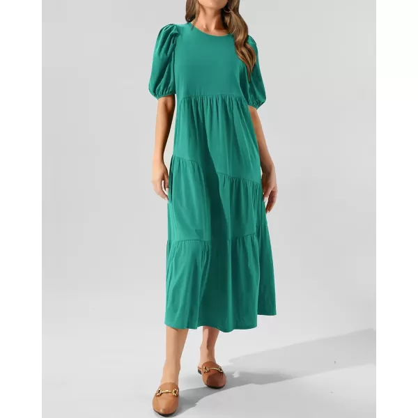 imageBTFBM Womens Summer Casual Puff Short Sleeve Crew Neck Swing Dress Tiered Flowy Beach Midi Dresses with PocketsSolid Light Green
