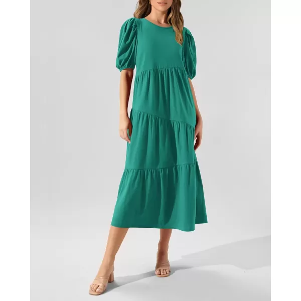 imageBTFBM Womens Summer Casual Puff Short Sleeve Crew Neck Swing Dress Tiered Flowy Beach Midi Dresses with PocketsSolid Light Green