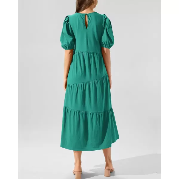 imageBTFBM Womens Summer Casual Puff Short Sleeve Crew Neck Swing Dress Tiered Flowy Beach Midi Dresses with PocketsSolid Light Green
