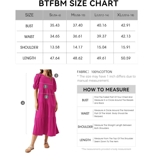 imageBTFBM Womens Summer Casual Puff Short Sleeve Crew Neck Swing Dress Tiered Flowy Beach Midi Dresses with PocketsSolid Rose Red