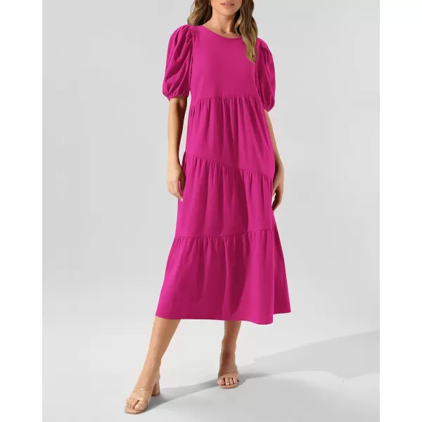 imageBTFBM Womens Summer Casual Puff Short Sleeve Crew Neck Swing Dress Tiered Flowy Beach Midi Dresses with PocketsSolid Rose Red