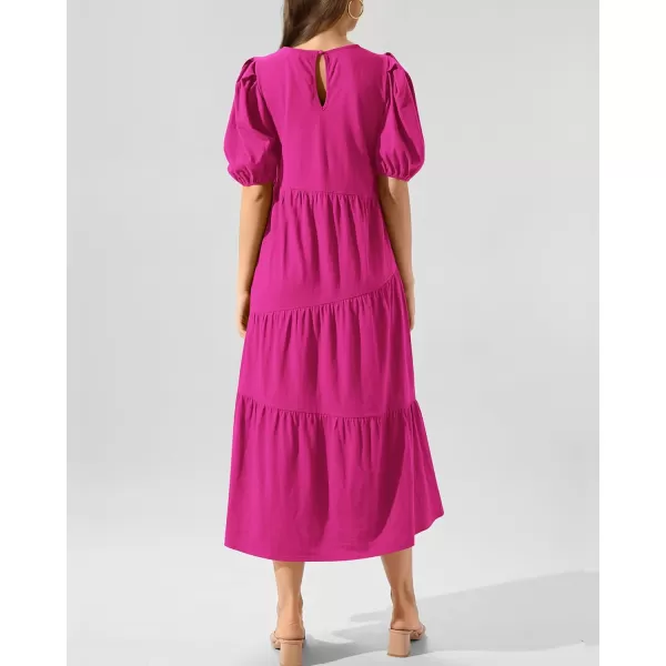 imageBTFBM Womens Summer Casual Puff Short Sleeve Crew Neck Swing Dress Tiered Flowy Beach Midi Dresses with PocketsSolid Rose Red