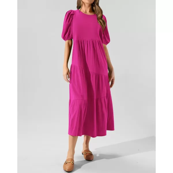 imageBTFBM Womens Summer Casual Puff Short Sleeve Crew Neck Swing Dress Tiered Flowy Beach Midi Dresses with PocketsSolid Rose Red