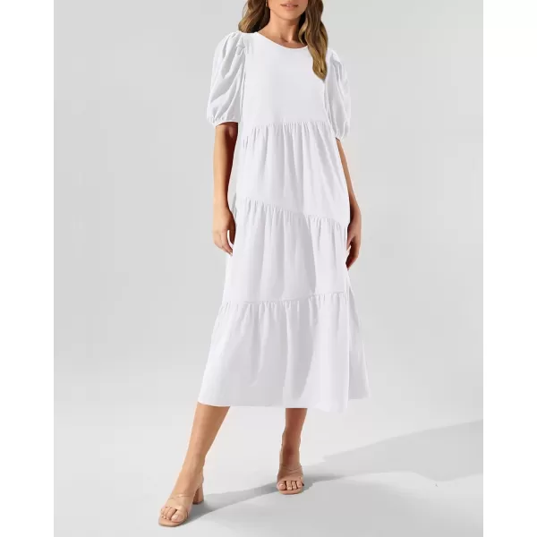 imageBTFBM Womens Summer Casual Puff Short Sleeve Crew Neck Swing Dress Tiered Flowy Beach Midi Dresses with PocketsSolid White