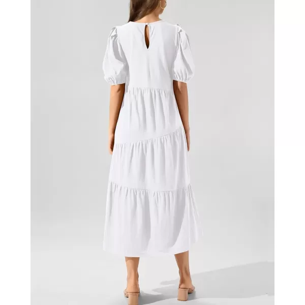 imageBTFBM Womens Summer Casual Puff Short Sleeve Crew Neck Swing Dress Tiered Flowy Beach Midi Dresses with PocketsSolid White