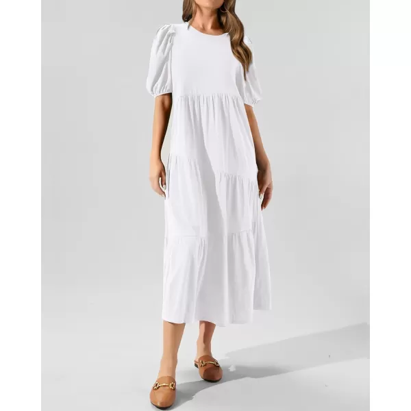 imageBTFBM Womens Summer Casual Puff Short Sleeve Crew Neck Swing Dress Tiered Flowy Beach Midi Dresses with PocketsSolid White