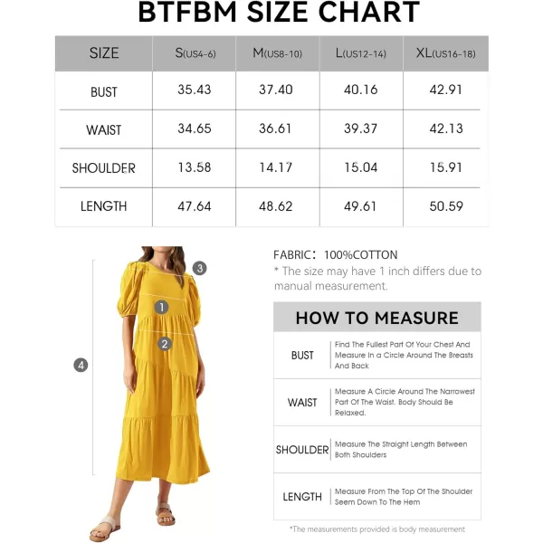 imageBTFBM Womens Summer Casual Puff Short Sleeve Crew Neck Swing Dress Tiered Flowy Beach Midi Dresses with PocketsSolid Yellow