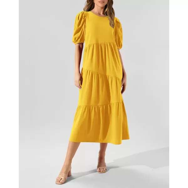 imageBTFBM Womens Summer Casual Puff Short Sleeve Crew Neck Swing Dress Tiered Flowy Beach Midi Dresses with PocketsSolid Yellow