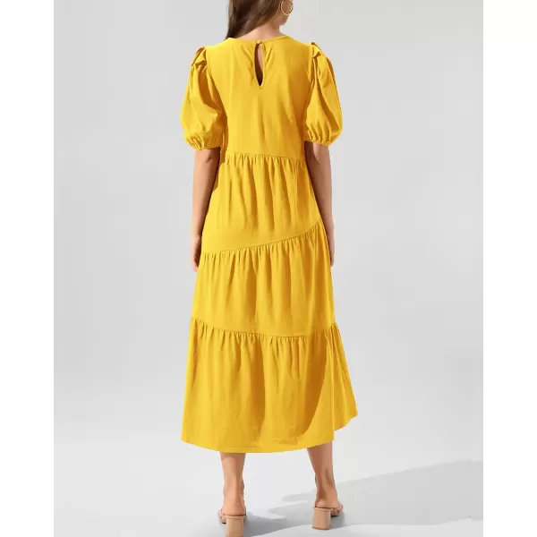 imageBTFBM Womens Summer Casual Puff Short Sleeve Crew Neck Swing Dress Tiered Flowy Beach Midi Dresses with PocketsSolid Yellow