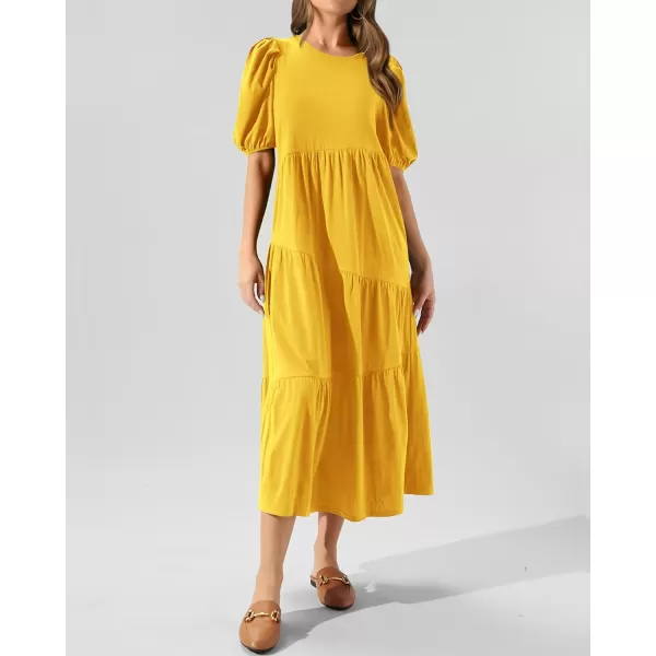 imageBTFBM Womens Summer Casual Puff Short Sleeve Crew Neck Swing Dress Tiered Flowy Beach Midi Dresses with PocketsSolid Yellow