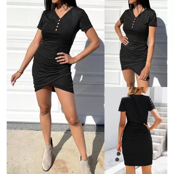 imageBTFBM Womens Summer Casual V Neck Short Sleeve Ruched Bodycon T Shirt Short Mini Dresses with ButtonsBlack